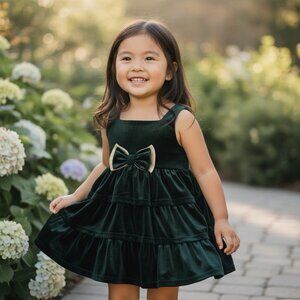 Blueberi Boulevard Girls Dress 3T Green Velour Velvet Lined Bow Tiered Party